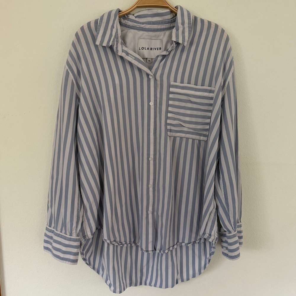 Lola River Blue White Striped Button Down Shirt XL Relaxed High Low Hem Pocket